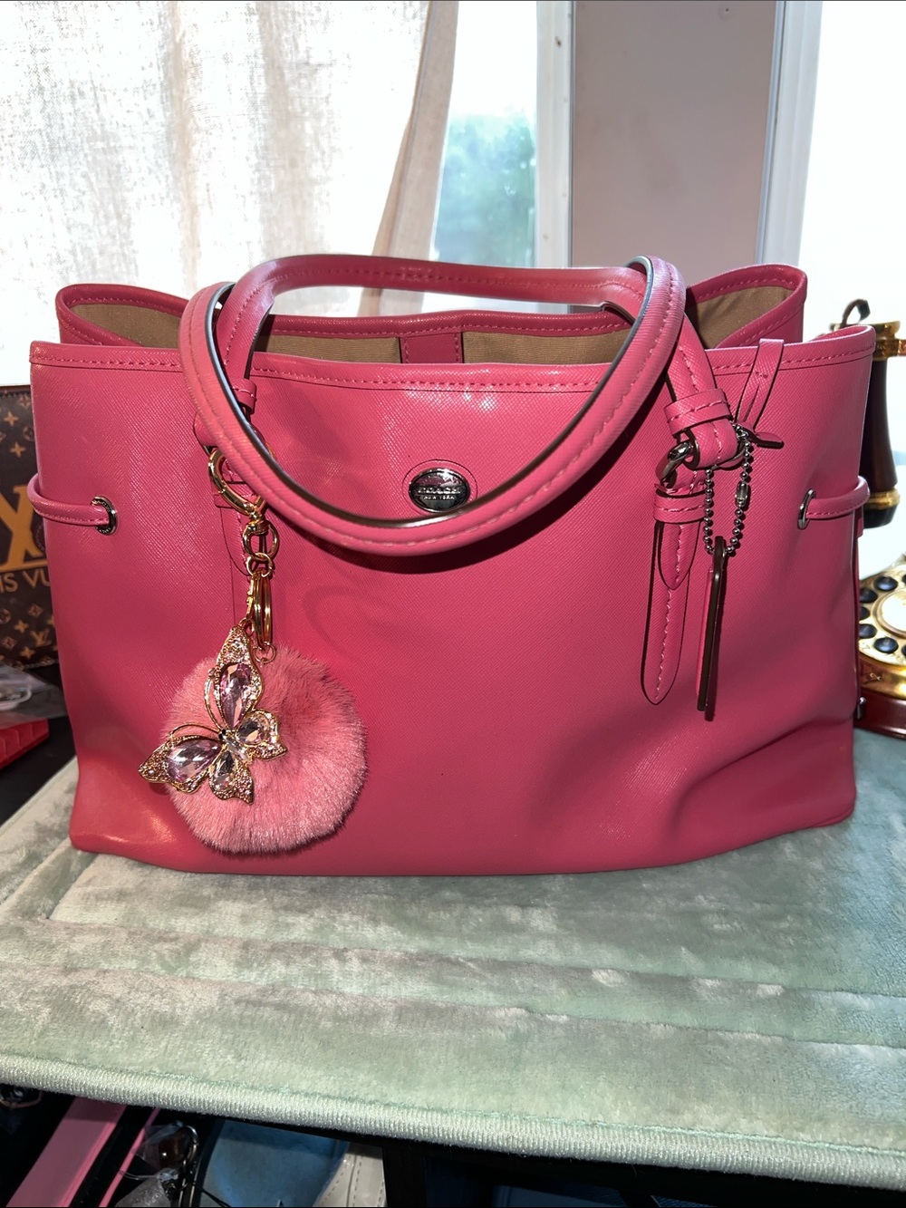 Coach Hot Pink Leather Tote with Pom-Pom Charm
